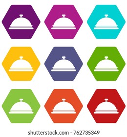 Restaurant cloche icon set many color hexahedron isolated on white vector illustration