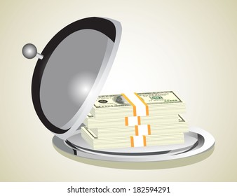 Restaurant cloche with open lid and dollars banknotes