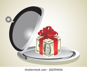 Restaurant cloche with open lid and money gift box of 100 dollars
