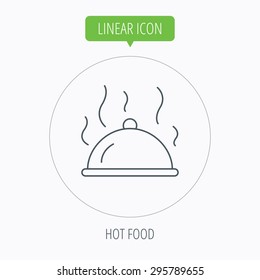 Restaurant cloche platter icon. Hot food sign. Linear outline circle button. Vector