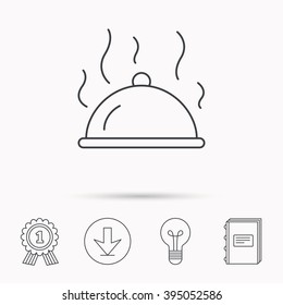 Restaurant cloche platter icon. Hot food sign. Download arrow, lamp, learn book and award medal icons.