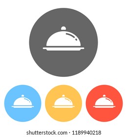 Restaurant cloche or tray. Restaurant icon. Set of white icons on colored circles