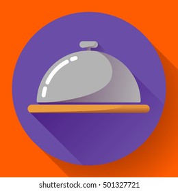 Restaurant cloche vector icon. Room Service Symbol Button. restaurant metal tray flat icon with long shadow