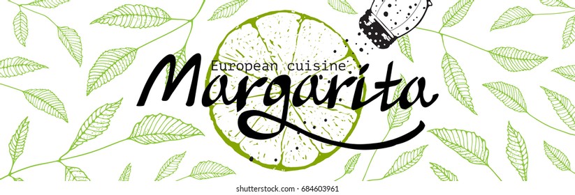 Restaurant or Cocktail Bar horizontal Banner. Margarita eatery template with floral background on white. Vector design.