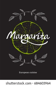 Restaurant Cocktail Bar Template with Lime on Black. Menu template with citrus and floral decoration. Vector A4 design.