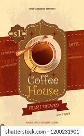  Restaurant or coffee house menu design template. Brochure & flyer template for cafe, coffee house, tea, restaurant, bar. Food and drinks logotype. Coffee cup design, over vintage crumpled  background