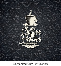 El diseño del restaurante o de la cafetería. Plantilla de folleto de vectores para café, café, té, restaurante, bar. Logotipo de comida y bebida. Símbolos del café. Diseño de la taza de café, fondo vintage desmitificado
