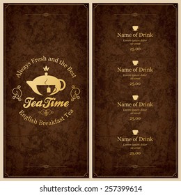 Restaurant or coffee house menu design. Vector brochure template for cafe, coffee house, tea, restaurant, bar. Food and drinks logotype. Coffee symbols. Coffee cup design, vintage crumpled background