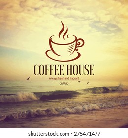 Restaurant or coffee house menu design. Vector brochure template for cafe, coffee house, tea, restaurant, bar. Food and drinks logotype. Coffee symbols. Coffee cup design on blurred vintage background