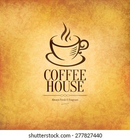 Restaurant Or Coffee House Menu Design. Vector Brochure Template For Cafe, Coffee House, Tea, Restaurant, Bar. Food And Drinks Logotype. Coffee Symbols. Coffee Cup Design, Vintage Crumpled Background