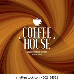 Restaurant or coffee house menu design. Vector brochure template for cafe, coffee house, tea, restaurant, bar. Food and drinks logotype. Coffee symbols. Coffee cup design on blurred vintage background