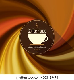 Restaurant or coffee house menu design. Vector brochure template for cafe, coffee house, tea, restaurant, bar. Food and drinks logotype. Coffee symbols. Coffee cup design on blurred vintage background