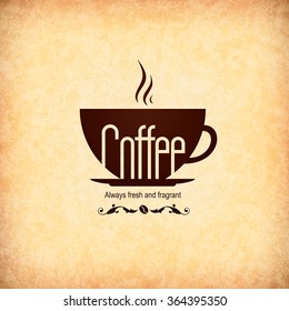 El diseño de los menús del restaurante o de la cafetería. Plantilla de folleto vectorial para café, café, té, restaurante, bar. Logotipo de comida y bebida. Símbolos del café. Diseño de la taza de café, fondo vintage arrugado