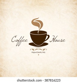 El diseño del restaurante o de la cafetería. Plantilla de folleto de vectores para café, café, té, restaurante, bar. Logotipo de comida y bebida. Símbolos del café. Diseño de la taza de café, fondo vintage desmitificado