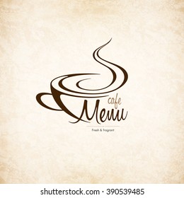 Restaurant or coffee house menu design. Vector brochure template for cafe, coffee house, tea, restaurant, bar. Food and drinks logotype. Coffee symbols. Coffee cup design, vintage crumpled background