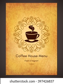 Restaurant or coffee house menu design. Vector brochure template for cafe, coffee house, tea, restaurant, bar. Food and drinks logotype. Coffee symbols. Coffee cup design, vintage crumpled background