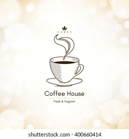 Speisekarte-Design im Restaurant oder Café. Vektorbroschüre für Café, Kaffeehaus, Tee, Restaurant, Bar. Speisen und Getränke-Logo. Kaffeesymbole. Kaffeetassen-Design auf unscharfem Vintage-Hintergrund