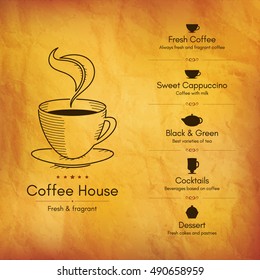 Restaurant or coffee house menu design. Cup, logo, tea, symbol hot coffee. Vector brochure template for cafe, coffee house, tea, restaurant