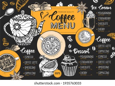 Restaurant Coffee menu design. Decorative sketch of cup of coffee or tea. Dessert menu