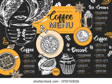 Restaurant Coffee menu design. Decorative sketch of cup of coffee or tea. Dessert menu