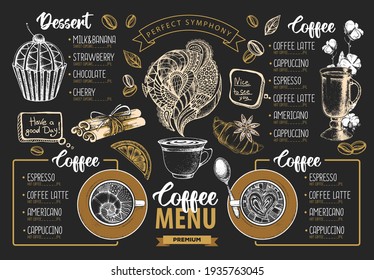 Restaurant Coffee menu design. Decorative sketch of cup of coffee or tea. Dessert menu