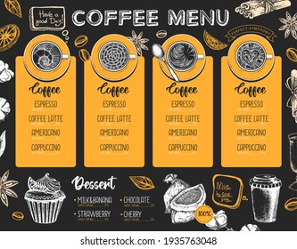 Restaurant Coffee menu design. Decorative sketch of cup of coffee or tea. Dessert menu