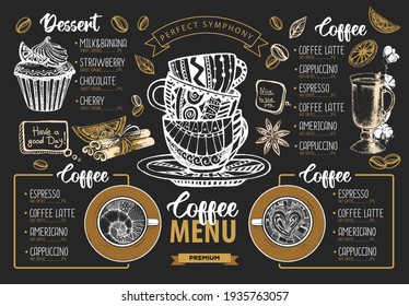 Restaurant Coffee Menu Design. Decorative Sketch Of Cup Of Coffee Or Tea. Dessert Menu