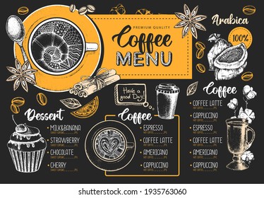 El diseño del menú del restaurante Café. Esbozo decorativo de una taza de café o té. Menú de postres