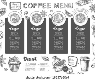 El diseño del menú del restaurante Café. Esbozo decorativo de una taza de café o té. Menú de postres