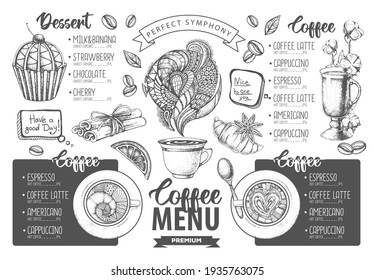 Restaurant Coffee Menu Design. Decorative Sketch Of Cup Of Coffee Or Tea. Dessert Menu