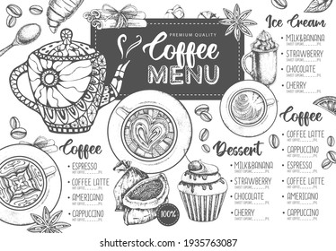 Restaurant Coffee menu design. Decorative sketch of cup of coffee or tea. Dessert menu