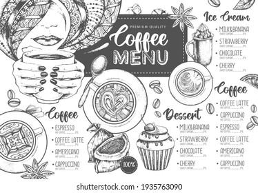 Restaurant Coffee menu design. Decorative sketch of cup of coffee or tea. Dessert menu