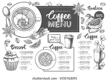 Restaurant Coffee menu design. Decorative sketch of cup of coffee or tea. Dessert menu