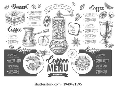 Restaurant Coffee menu design. Decorative sketch of cup of coffee or tea. Dessert menu