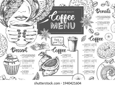Restaurant Coffee menu design. Decorative sketch of cup of coffee or tea. Dessert menu
