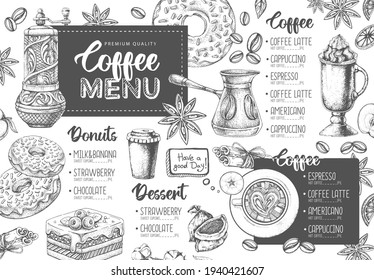 Restaurant Coffee menu design. Decorative sketch of cup of coffee or tea. Dessert menu