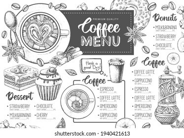 El diseño del menú del restaurante Café. Esbozo decorativo de una taza de café o té. Menú de postres