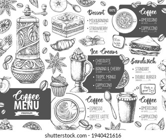 Restaurant Coffee menu design. Decorative sketch of cup of coffee or tea. Dessert menu