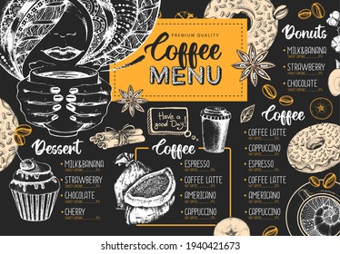 Restaurant Coffee menu design. Decorative sketch of cup of coffee or tea. Dessert menu