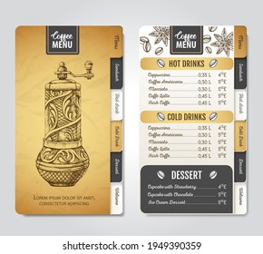 Restaurant Coffee menu design. Decorative sketch of coffee grinder