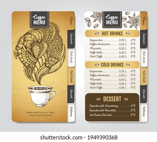 Restaurant Coffee menu design. Decorative sketch of cup of coffee or tea.