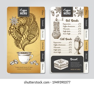 Restaurant Coffee menu design. Decorative sketch of cup of coffee or tea.