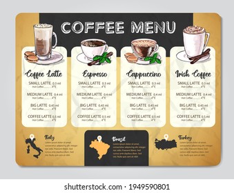 Restaurant Coffee menu design. Decorative sketch of cup of coffee or tea.