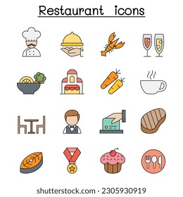 Restaurant color line icon set