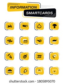 Restaurant color vector icons on information smart cards for user interface design