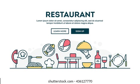 Restaurant, Colorful Concept Header, Flat Design Thin Line Style, Vector Illustration