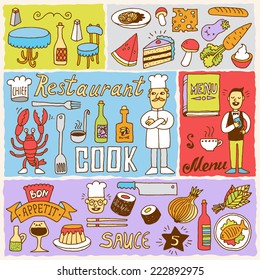 Restaurant colorful doodle banners 2. Hand drawn. Vector illustration.