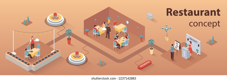 Restaurant concept 3d isometric infographics web banner. People visit restaurant, book tables, staff works at reception, waiter brings orders. Vector illustration in isometry graphic design