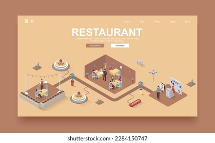 Restaurant concept 3d isometric landing page template. People visit restaurant, book tables, staff works at reception, waiter brings orders. Vector illustration in isometry graphic design.