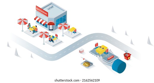 Restaurant concept 3d isometric web banner. People visit street cafe, sitting and dining at cafeteria table, client ordering lunch online. Vector illustration for landing page and web template design